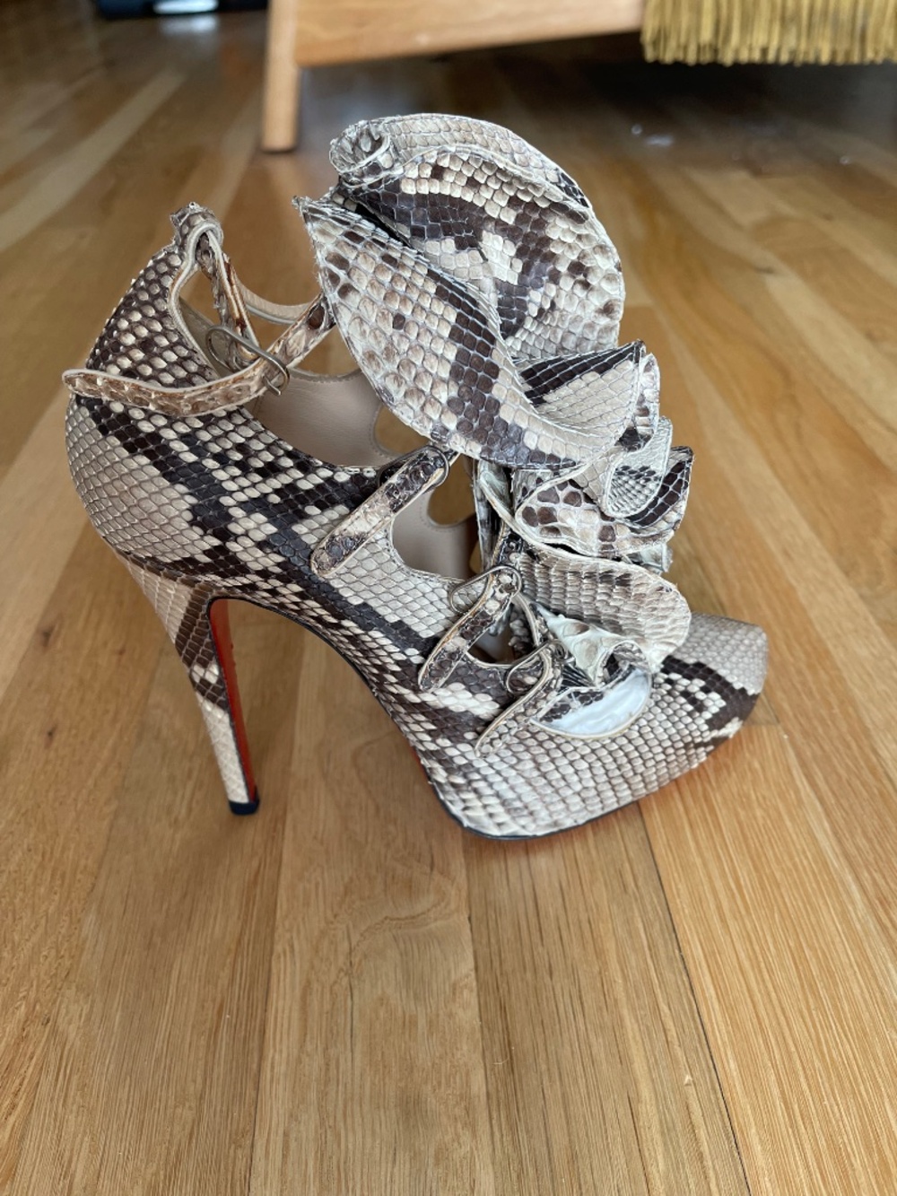 Christian Louboutin Snake-Print Ruffle Ankle Heels in Beige and Brown - Picture 4 of 14